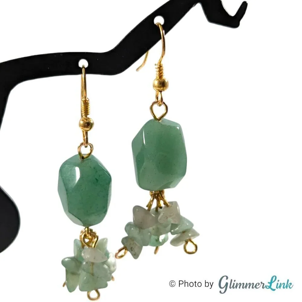 Aventurine Stone Chip Nugget Dangle Earrings & Wrap Around Bracelet Jewelry Set